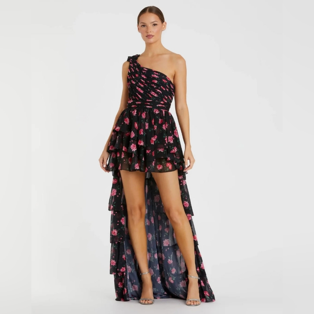 Mac Duggal Black and Pink Floral High Low Dress
